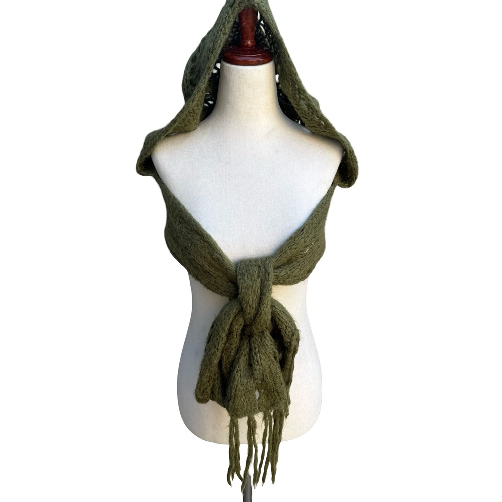 Earthy Boho Fairycore Goblincore Chunky Pointelle Knit Cozy Hooded Scarf Wrap OS